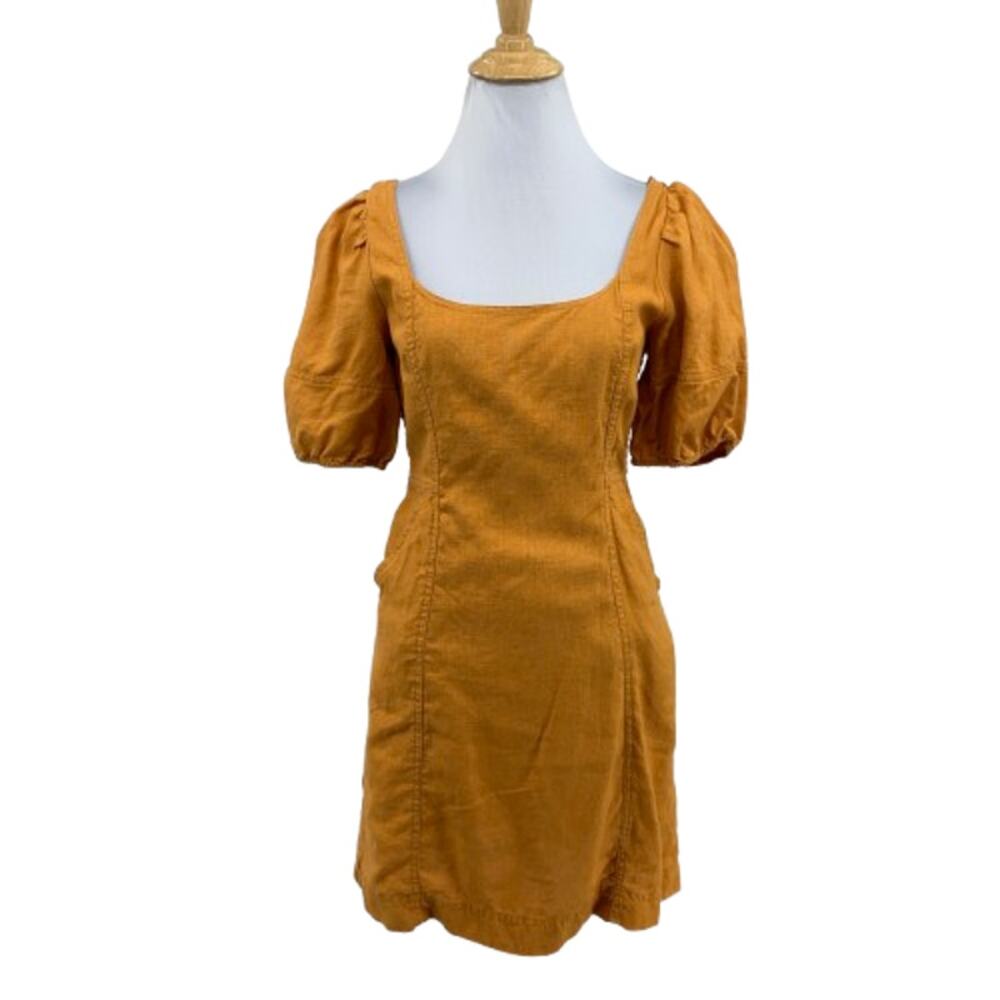 Madewell Dress Womens 0 Amber Maisie Mini Linen Puff Sleeve Rounded Square Neck